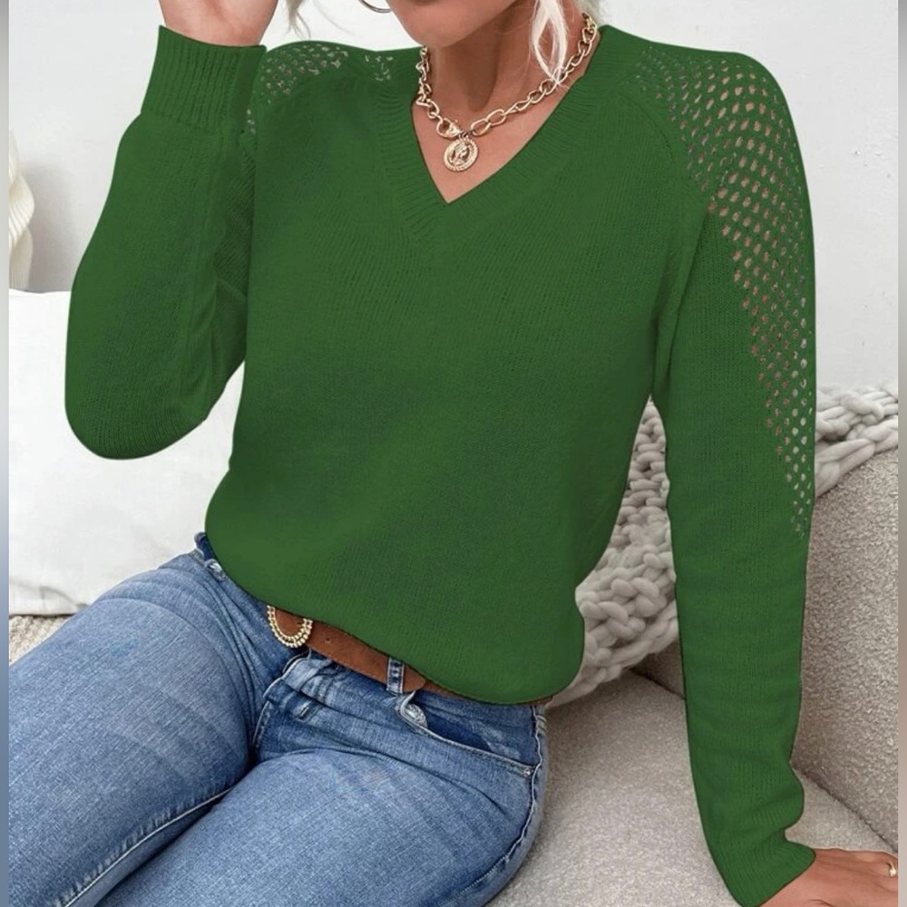 Pointelle Knit Raglan Sleeve Sweater V-Neck Green Size L (8/10)